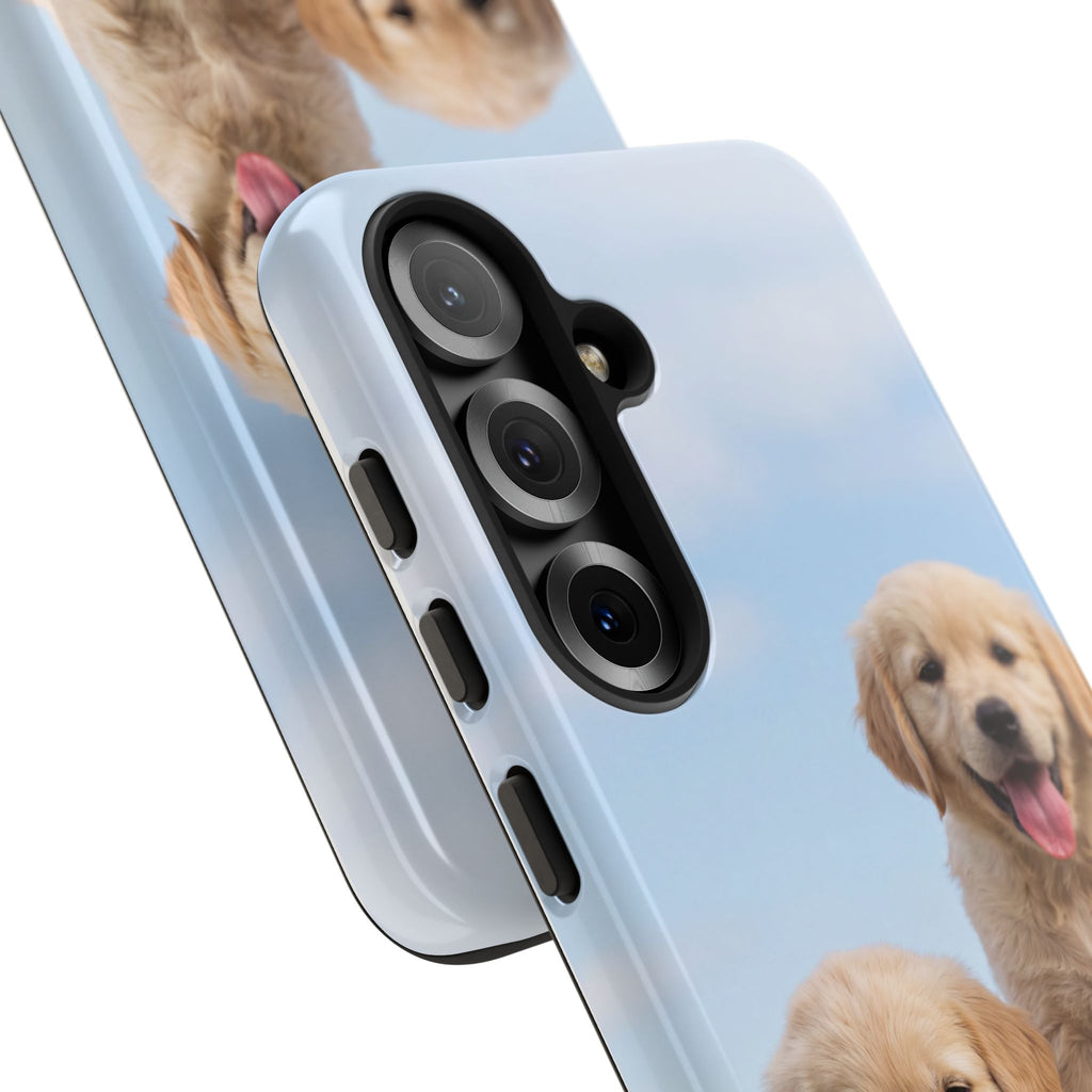 Golden Retriever Puppies on Barrel Phone Case | Cute Duo Under Blue Sky | iPhone & Samsung