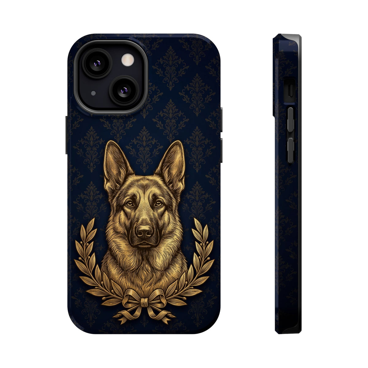 German Shepherd Phone Case | Navy Gold Laurel Art — Tough Magnetic Case with Wireless Charging