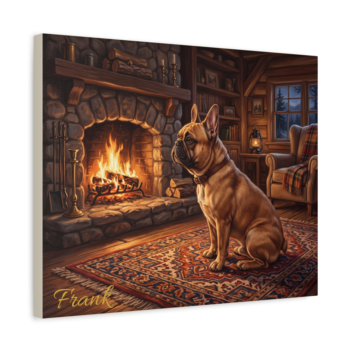 French Bulldog Personalized Canvas | Cozy Cabin Fireplace Wall Art