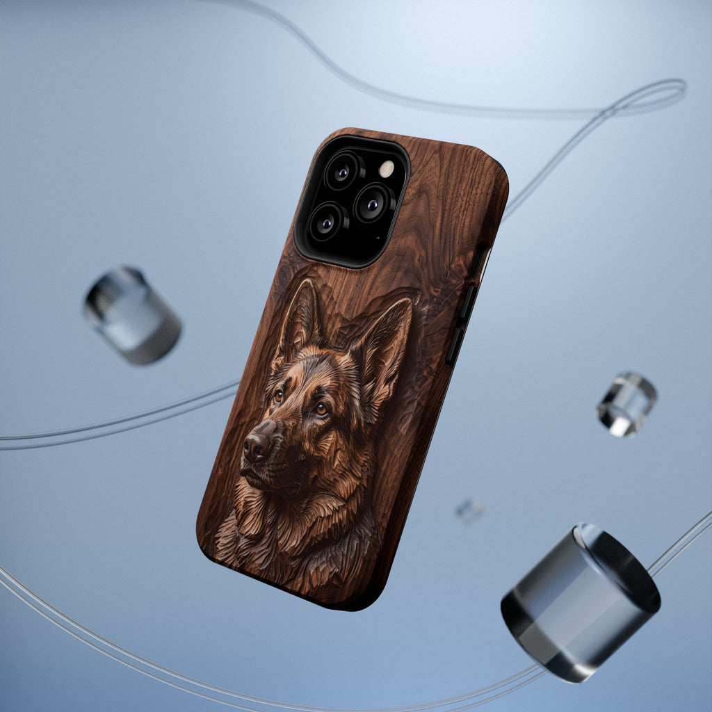 German Shepherd Phone Case | Carved Walnut Art — Tough Magnetic Case with Wireless Charging
