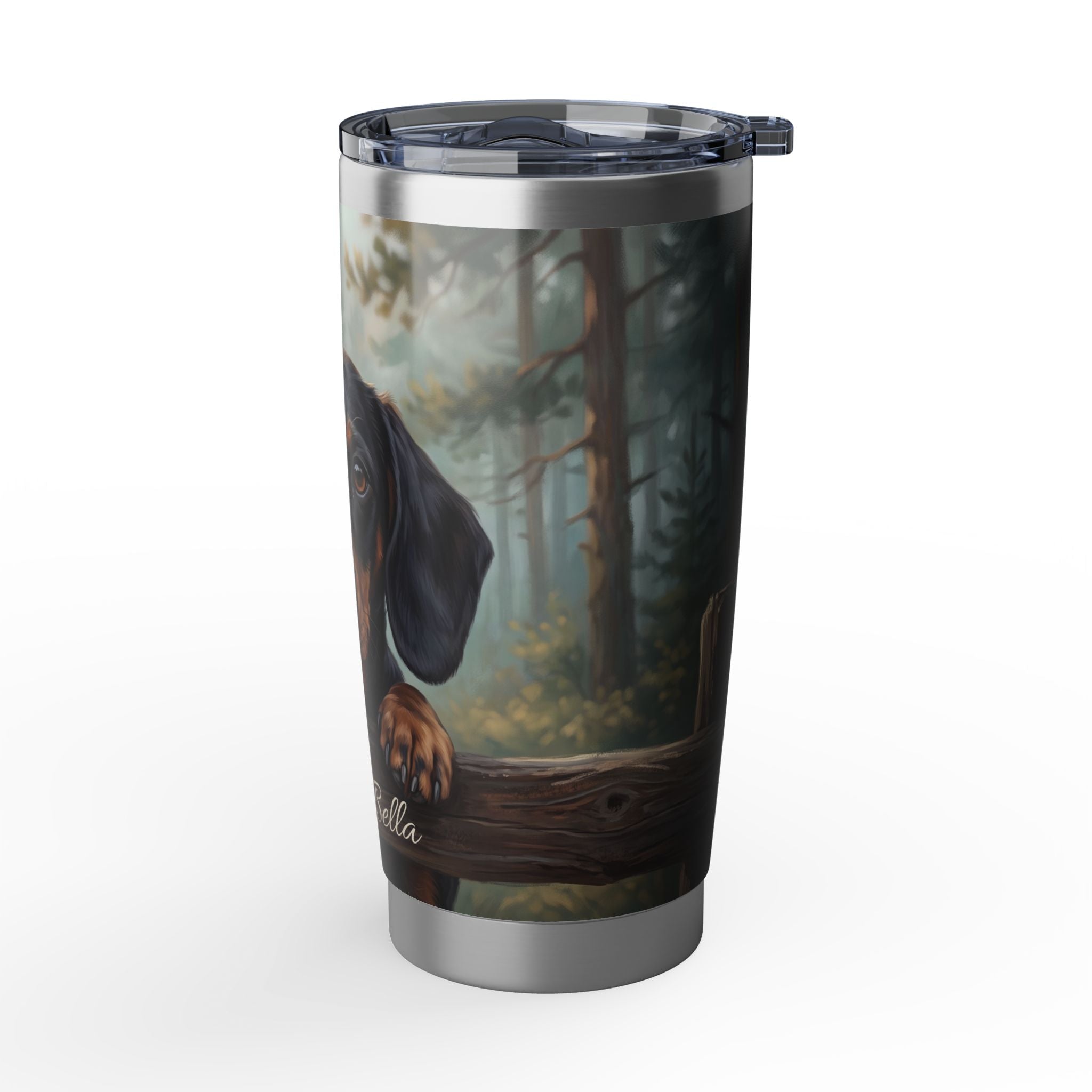 Dachshund Tumbler Personalized – 20 oz Stainless Steel Travel Mug with Custom Name, Black & Tan Forest Design