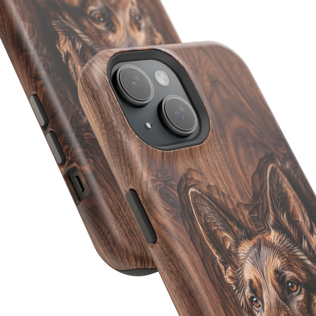 German Shepherd Phone Case | Carved Walnut Art — Tough Magnetic Case with Wireless Charging