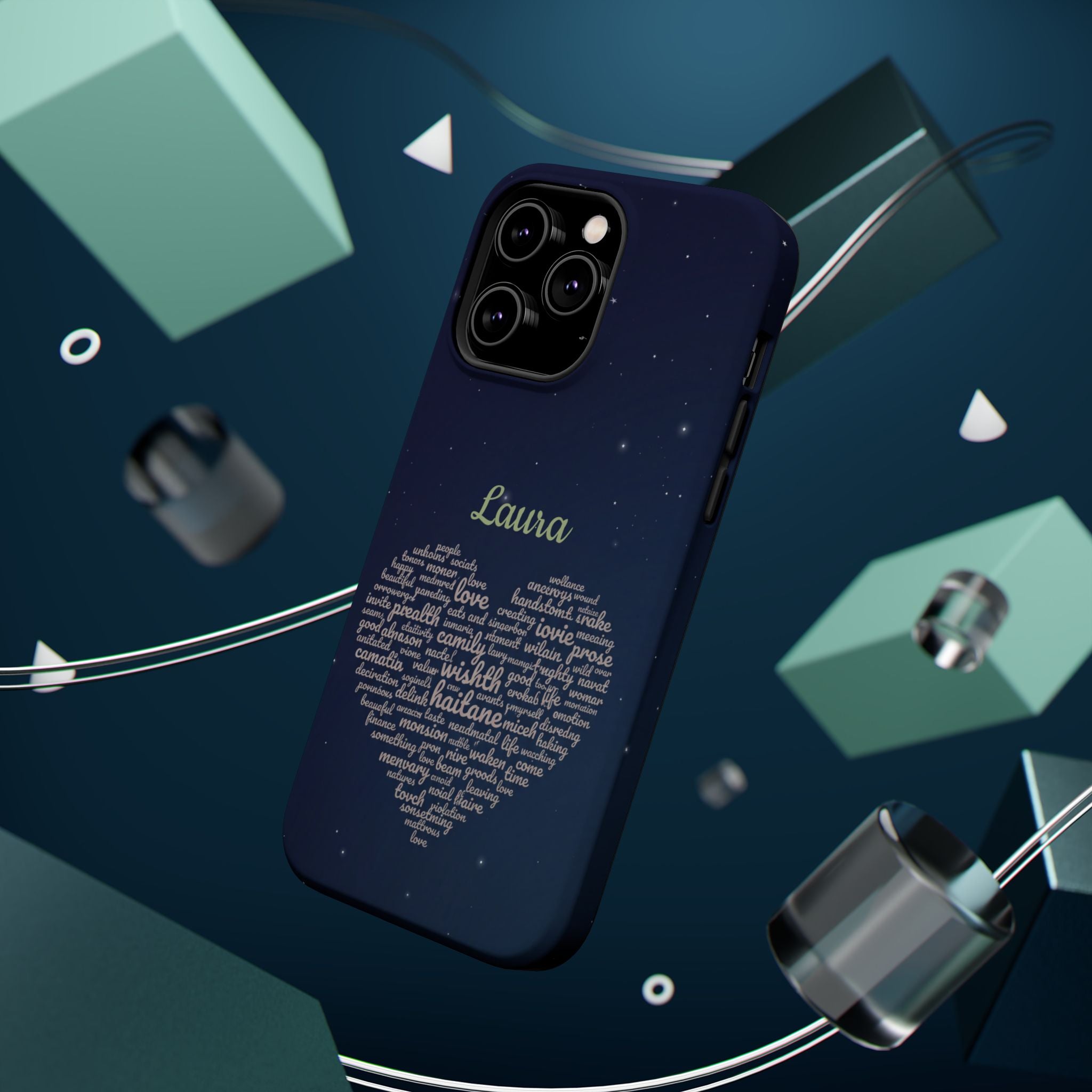 Personalized Teacher Heart Word Art Phone Case — Navy Wireless Charging Cover