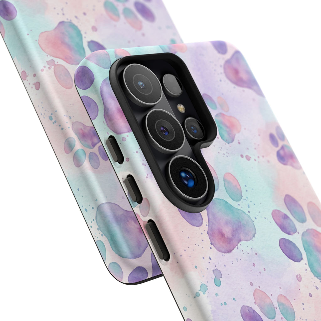 Watercolor Paw Print Phone Case | Pastel Purple, Teal & Pink Artistic Pattern | Samsung & iPhone