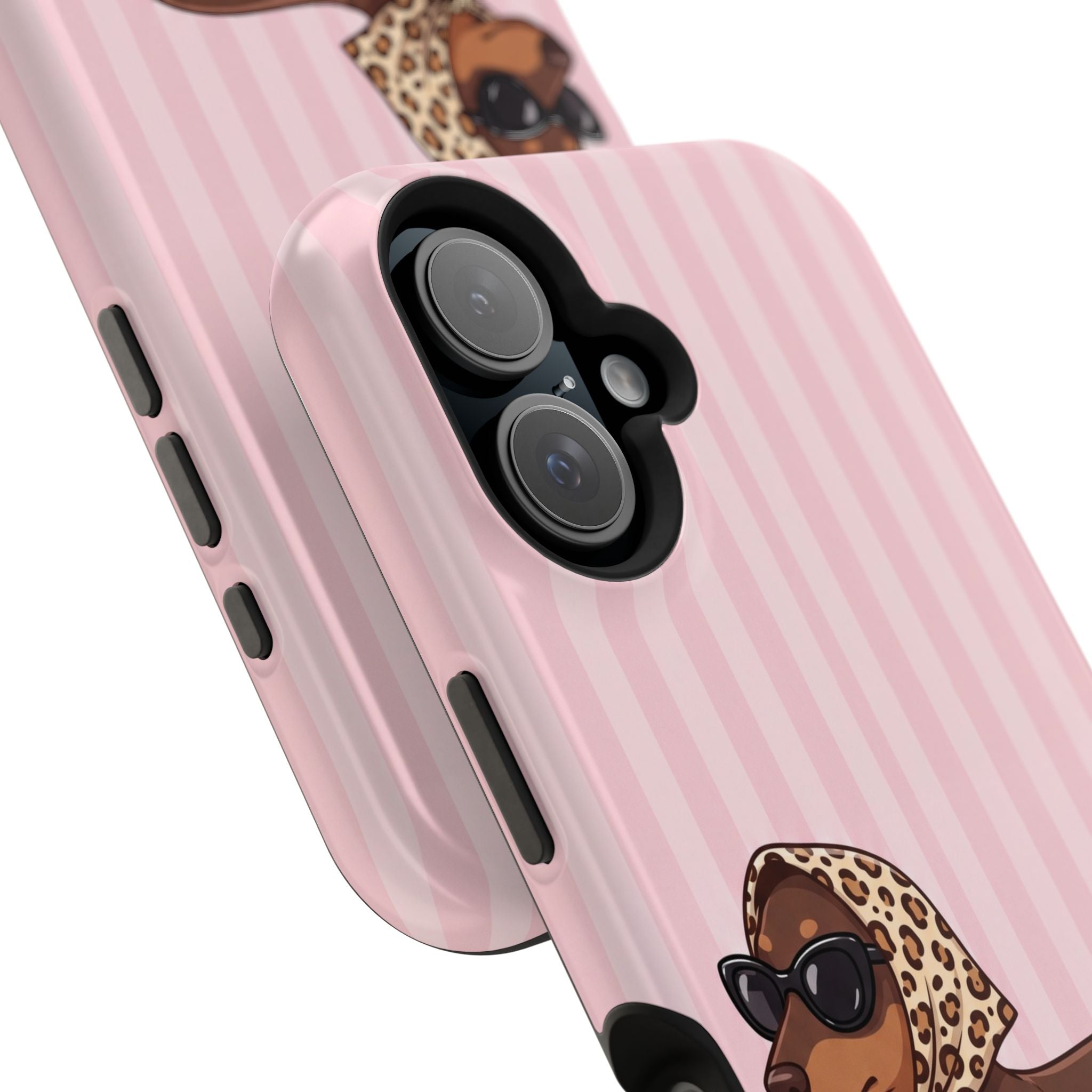 Glam Dachshund Phone Case | Cute Sausage Dog in Leopard Scarf & Sunglasses | Pink Stripe Case for iPhone & Samsung