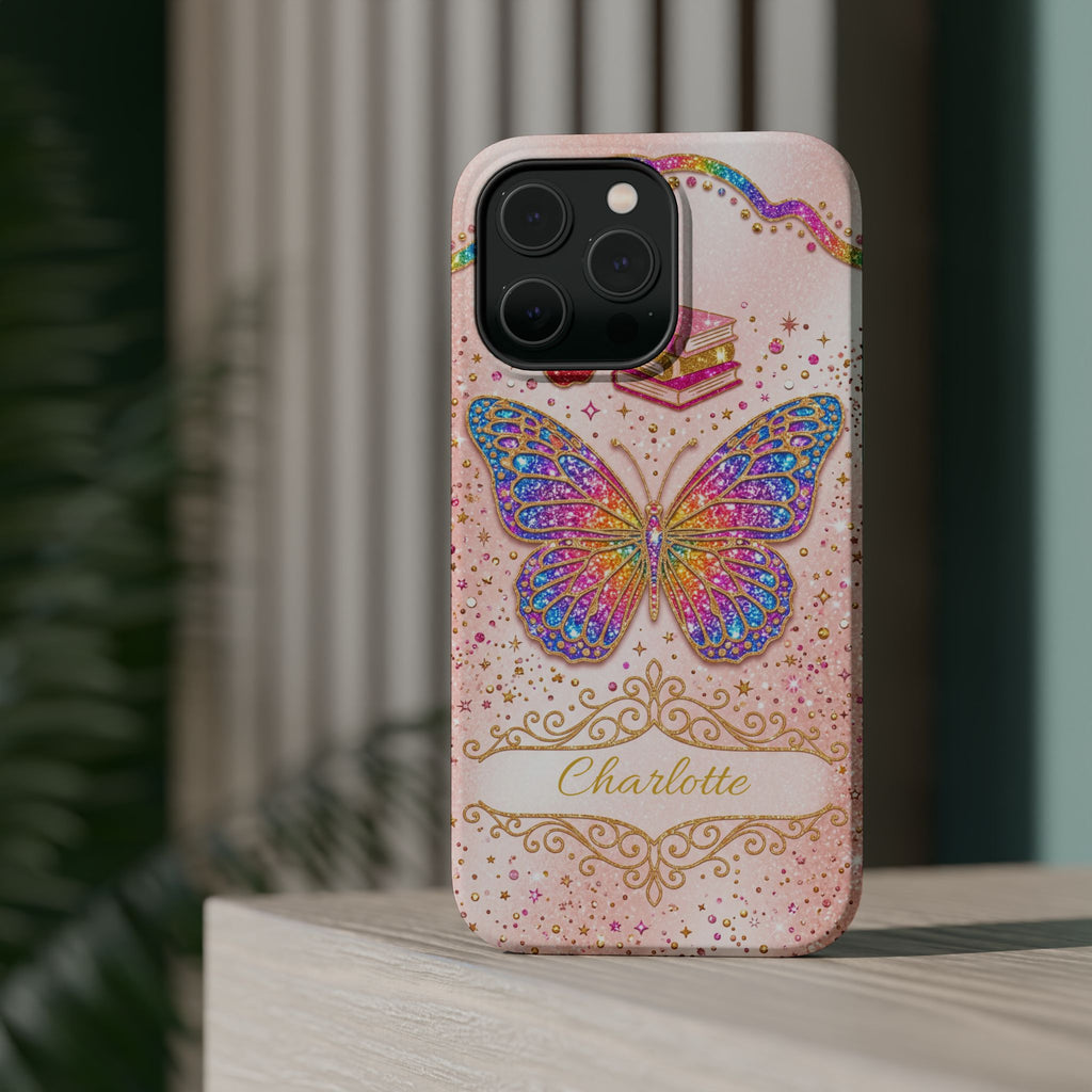 Blush Glitter Butterfly Personalized Teacher Phone Case — Wireless Charging Cover