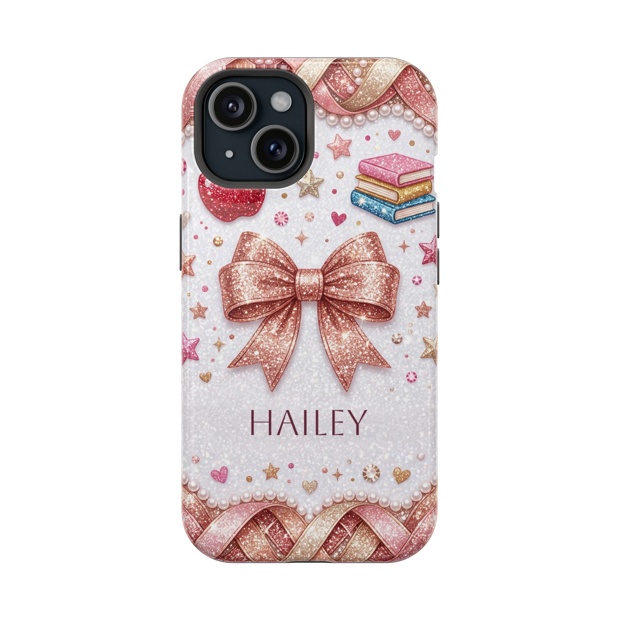 Rose Gold Glitter Bow Personalized Teacher Phone Case — Wireless Charging Cover