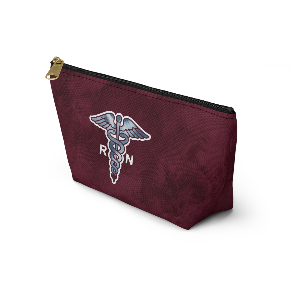 RN Silver Caduceus Burgundy Accessory Pouch — T-Bottom Zipper Bag