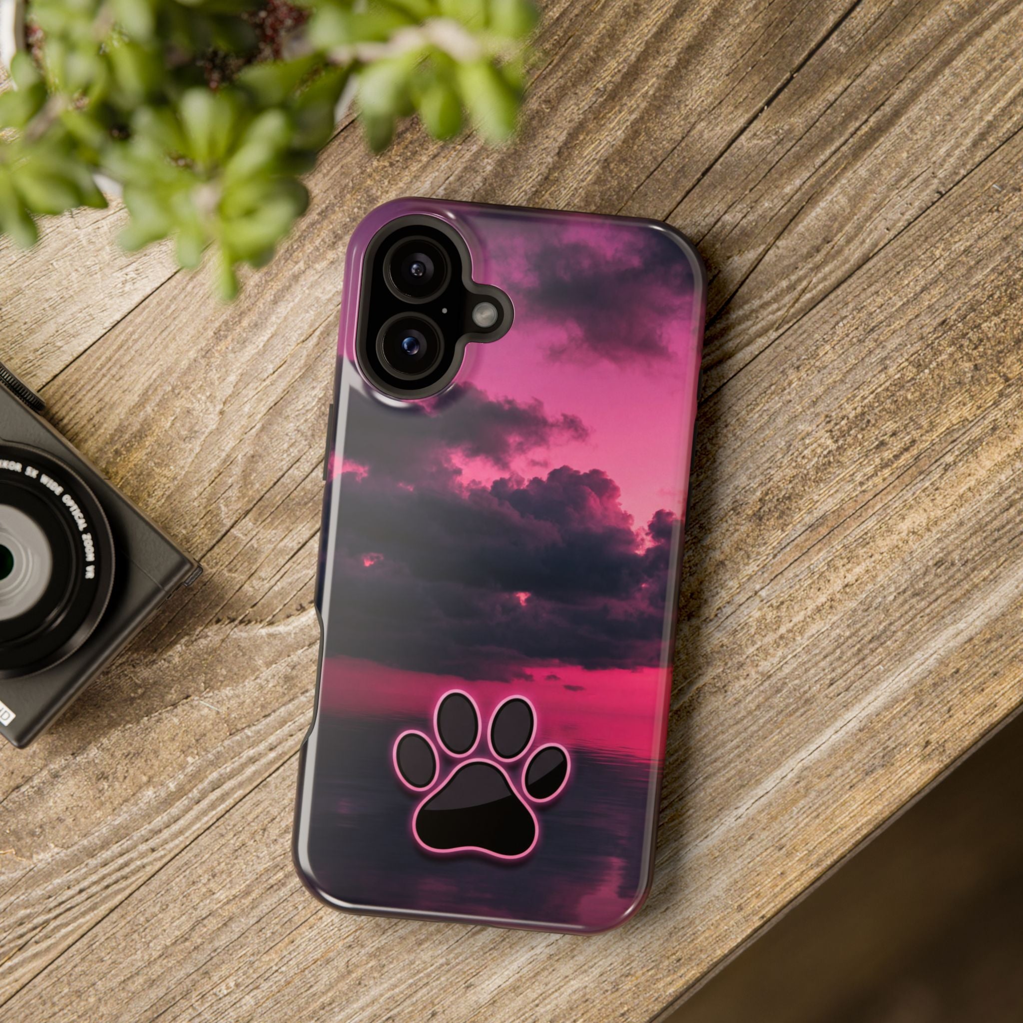 iPhone & Samsung Magnetic Impact-Resistant Phone Case — Pink Twilight Cloud with Paw Print