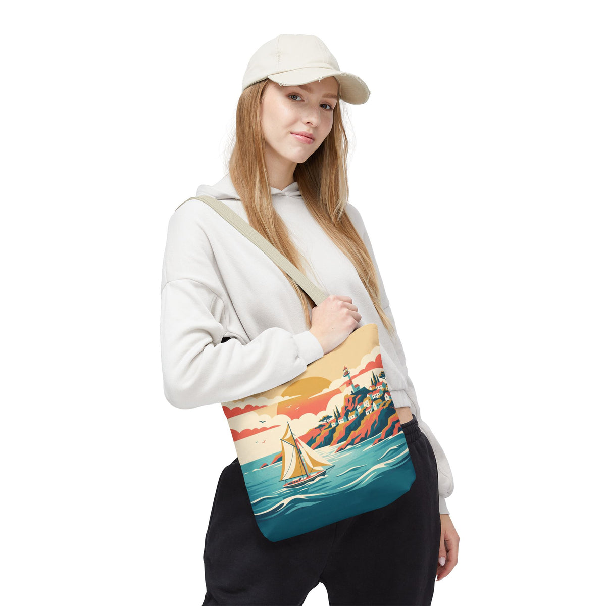 Coastal Lighthouse Sailboat Tote Bag – Retro Seaside Sunset Beach Bag