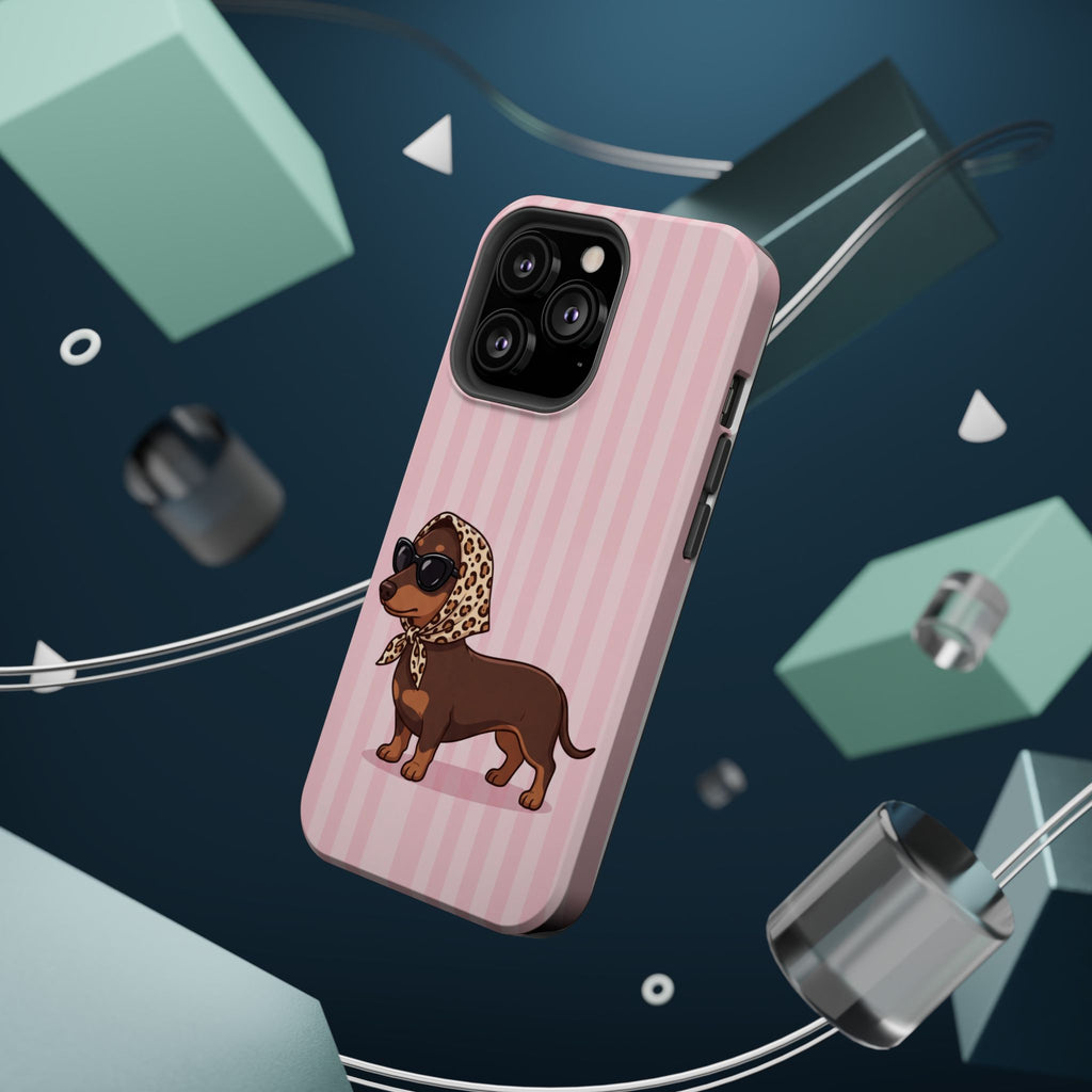 Glam Dachshund Phone Case | Cute Sausage Dog in Leopard Scarf & Sunglasses | Pink Stripe Case for iPhone & Samsung