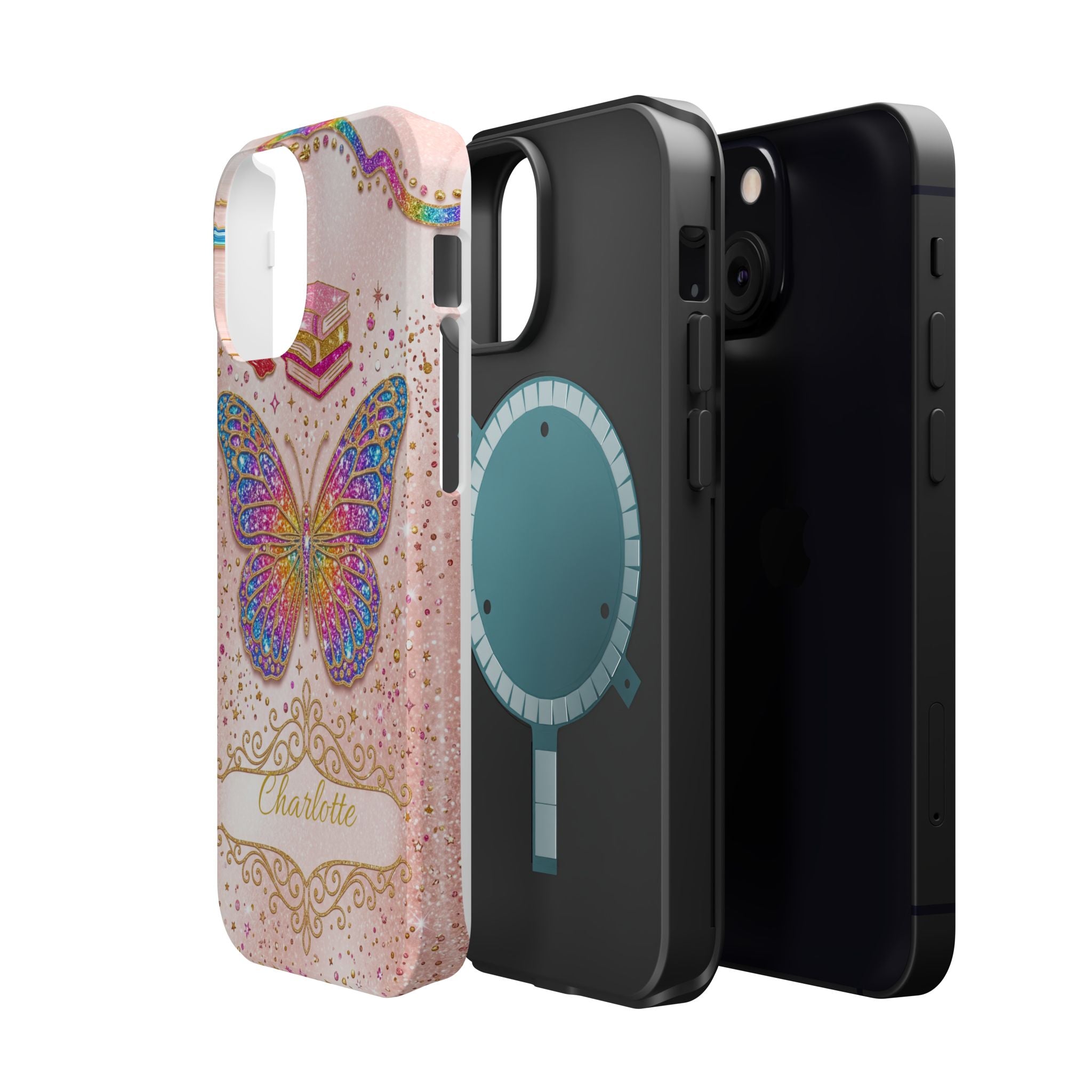 Blush Glitter Butterfly Personalized Teacher Phone Case — Wireless Charging Cover