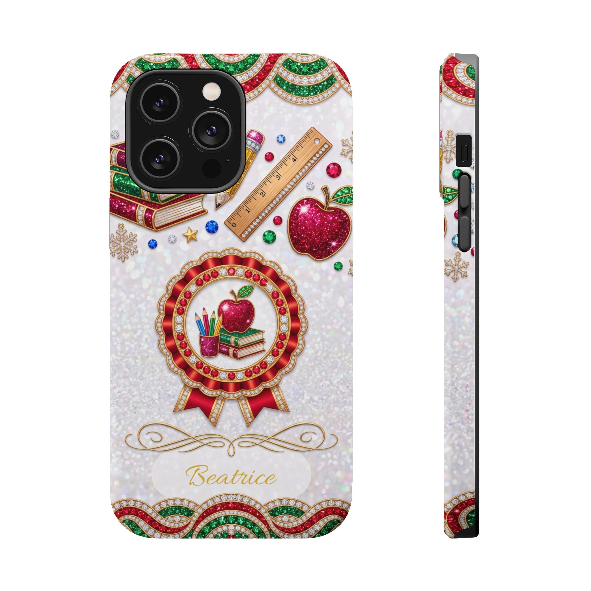 Jeweled Apple Medallion Personalized Teacher Phone Case — Wireless Charging Cover