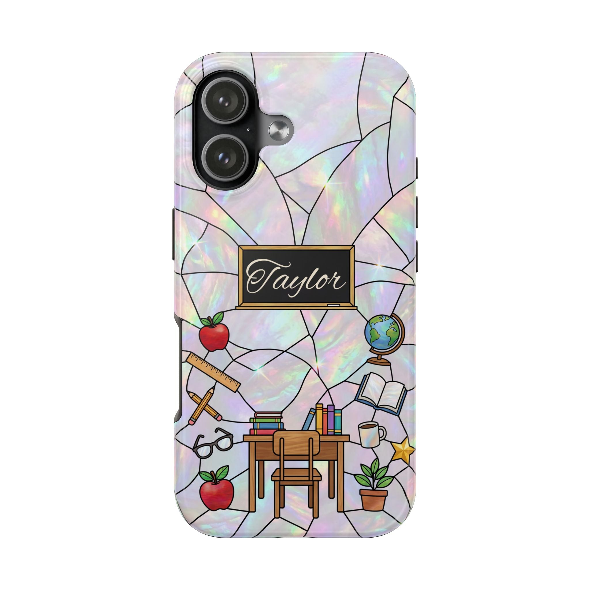 Personalized Teacher Phone Case — Custom Name Stained Glass Classroom Design