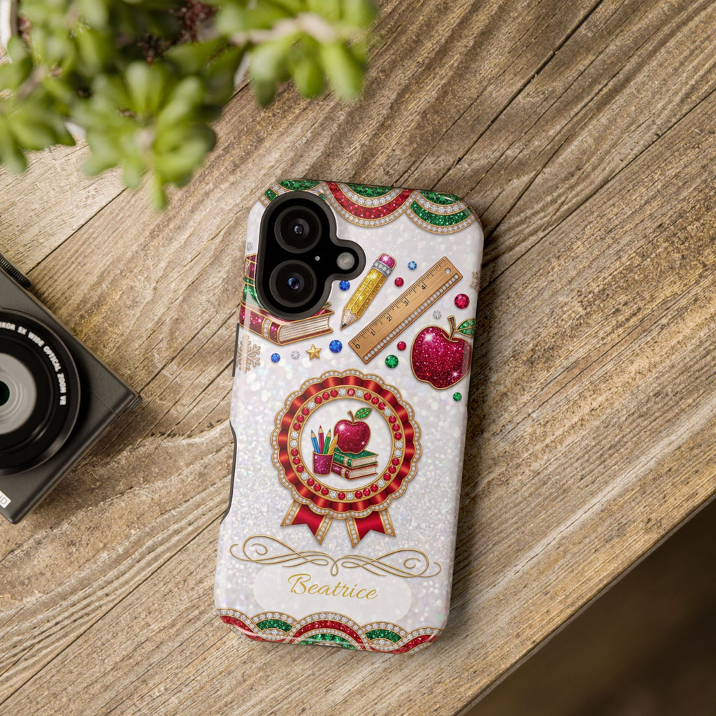 Jeweled Apple Medallion Personalized Teacher Phone Case — Wireless Charging Cover