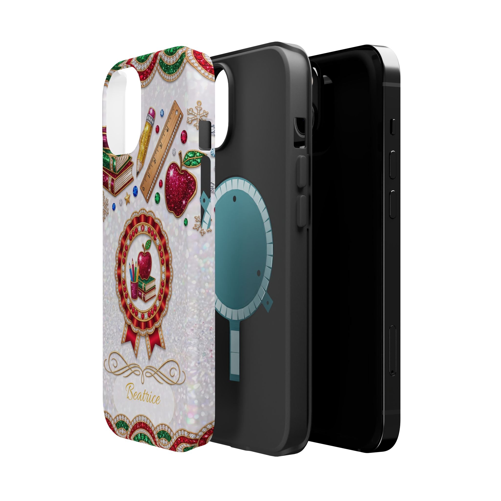 Jeweled Apple Medallion Personalized Teacher Phone Case — Wireless Charging Cover