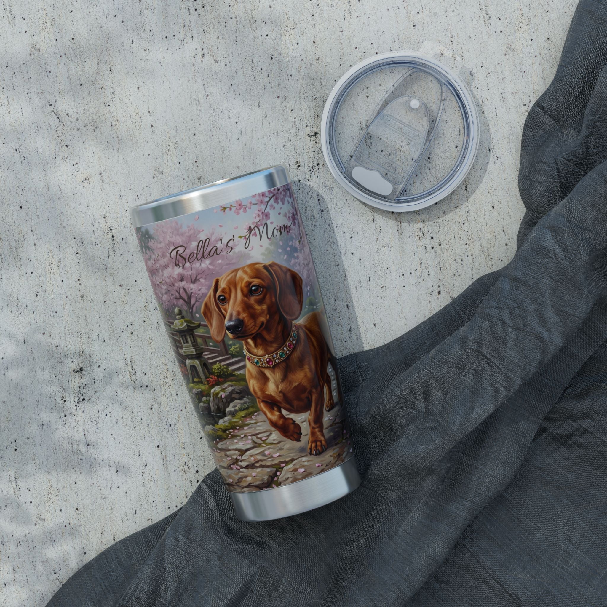 Dachshund Cherry Blossom Stainless Tumbler — 20oz Personalized Travel Mug with Japanese Garden Design