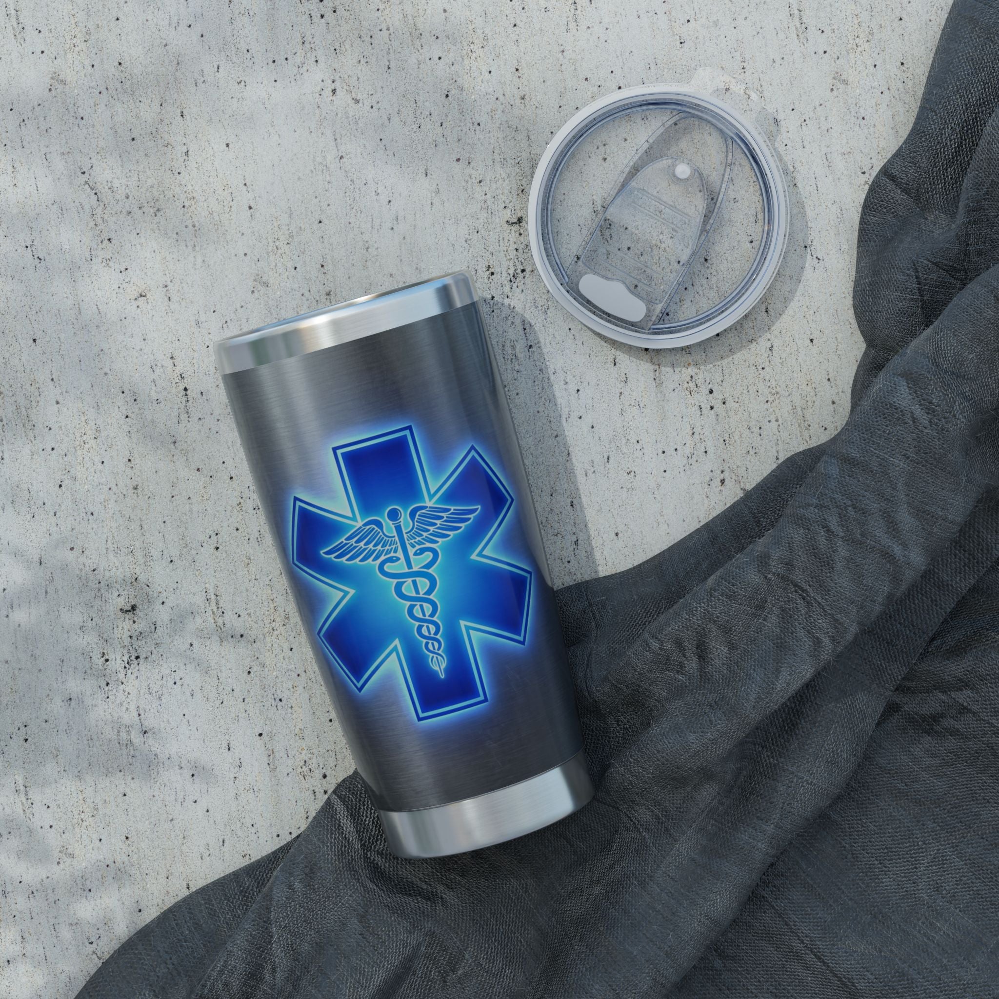 Paramedic/EMT 20oz Tumbler – Blue Glow Star of Life on Steel