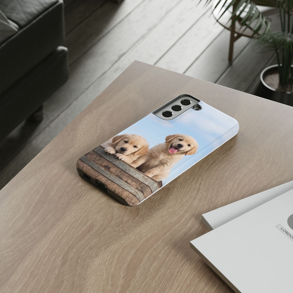 Golden Retriever Puppies on Barrel Phone Case | Cute Duo Under Blue Sky | iPhone & Samsung
