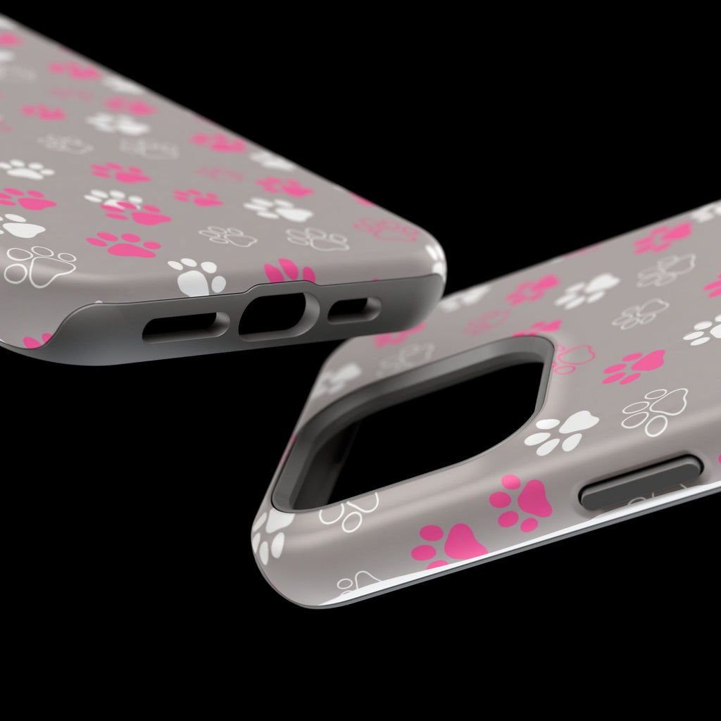 Pink & White Paw Print Phone Case — Impact-Resistant Wireless Charging Cover