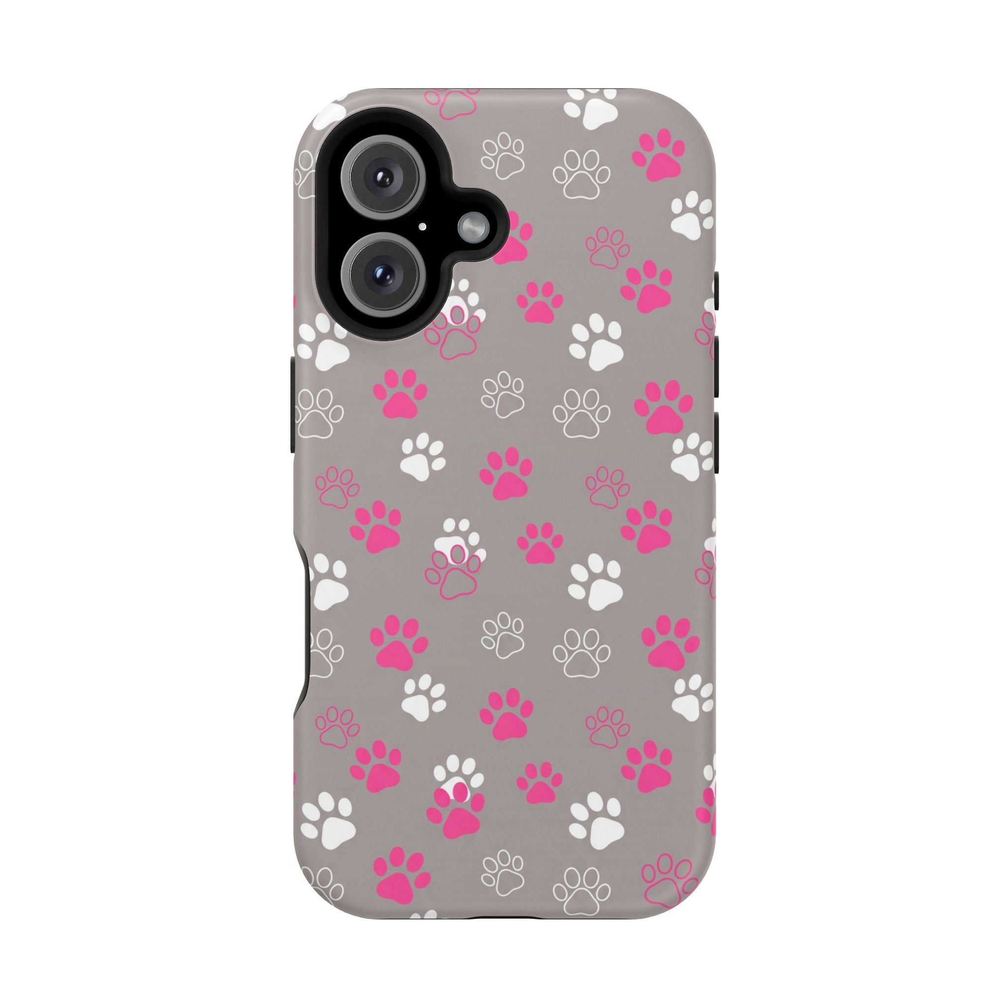 Pink & White Paw Print Phone Case — Impact-Resistant Wireless Charging Cover