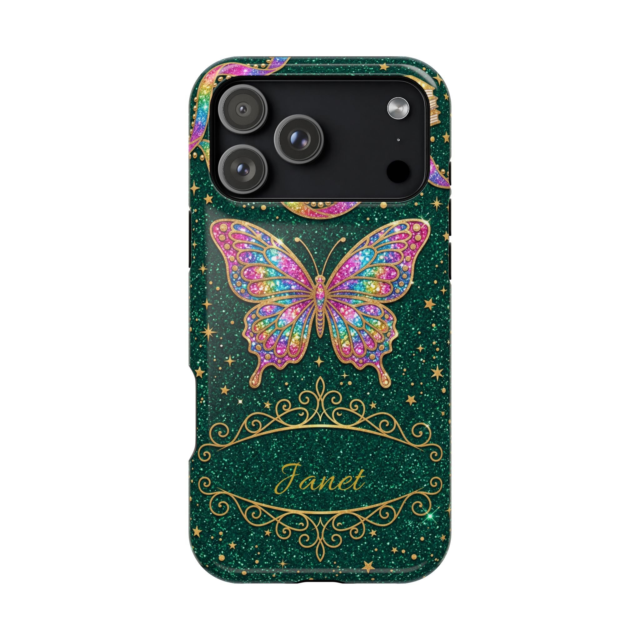 Rainbow Glitter Butterfly Personalized Teacher Phone Case — Wireless Charging Cover