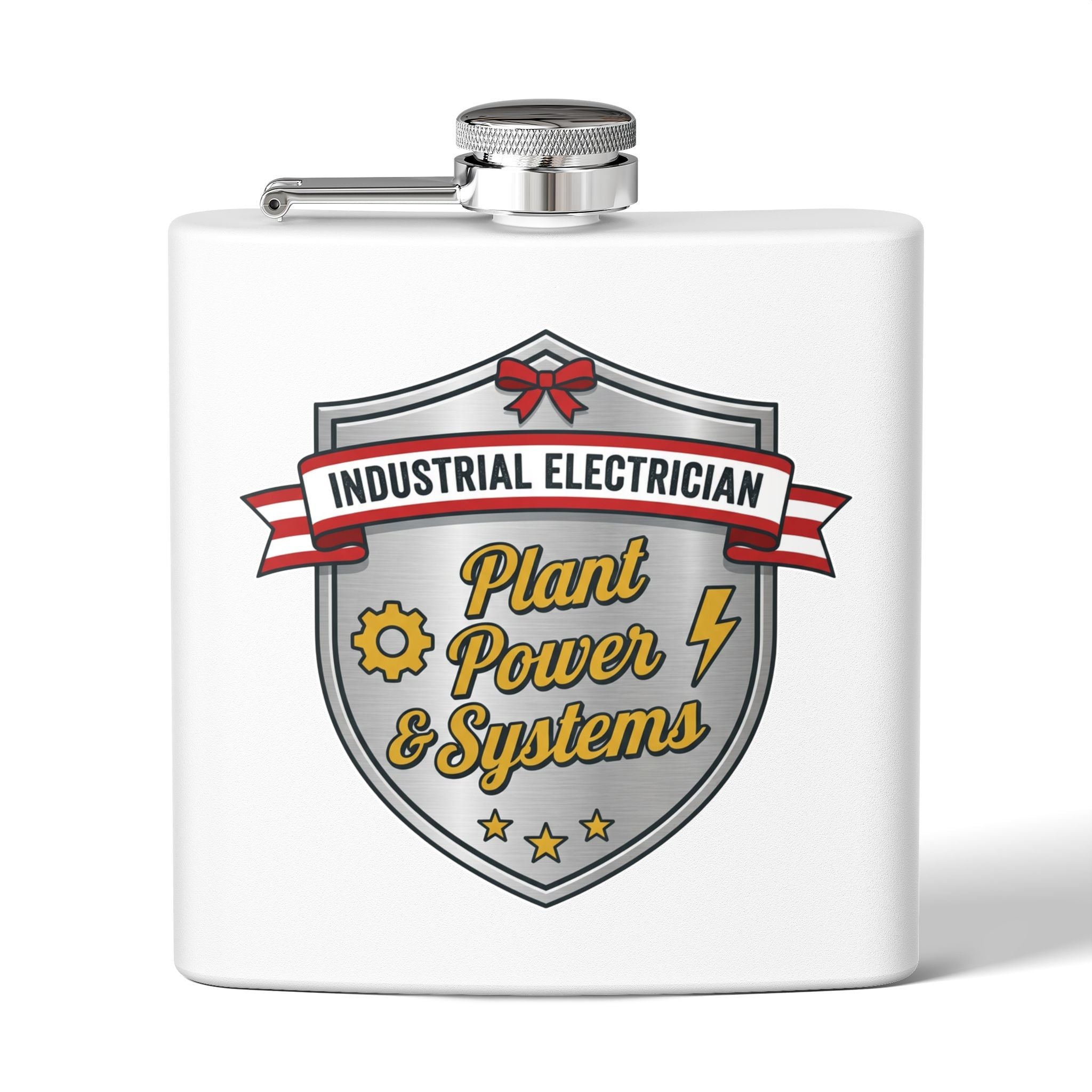 Flask — "Industrial Electrician: Plant Power & Systems" (Shield Badge) 6oz Stainless Steel Hip Flask