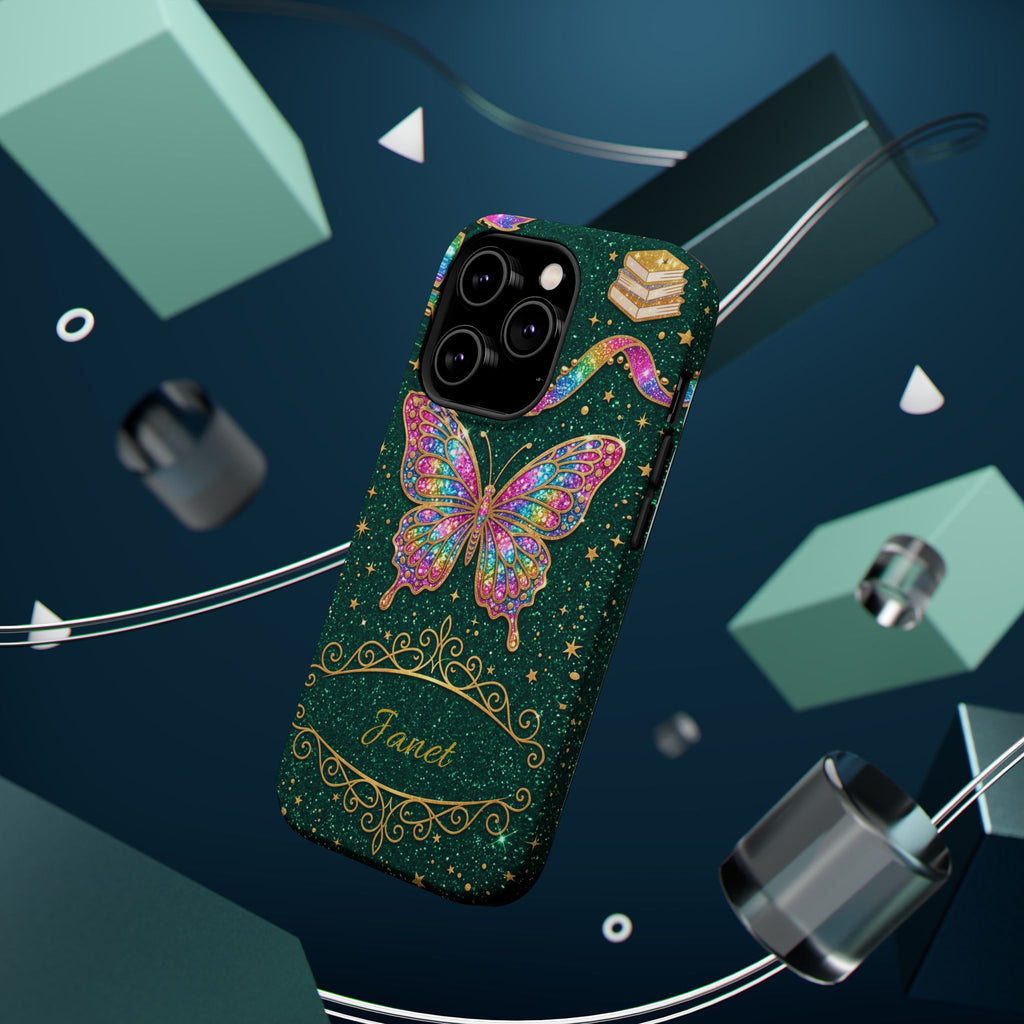 Rainbow Glitter Butterfly Personalized Teacher Phone Case — Wireless Charging Cover