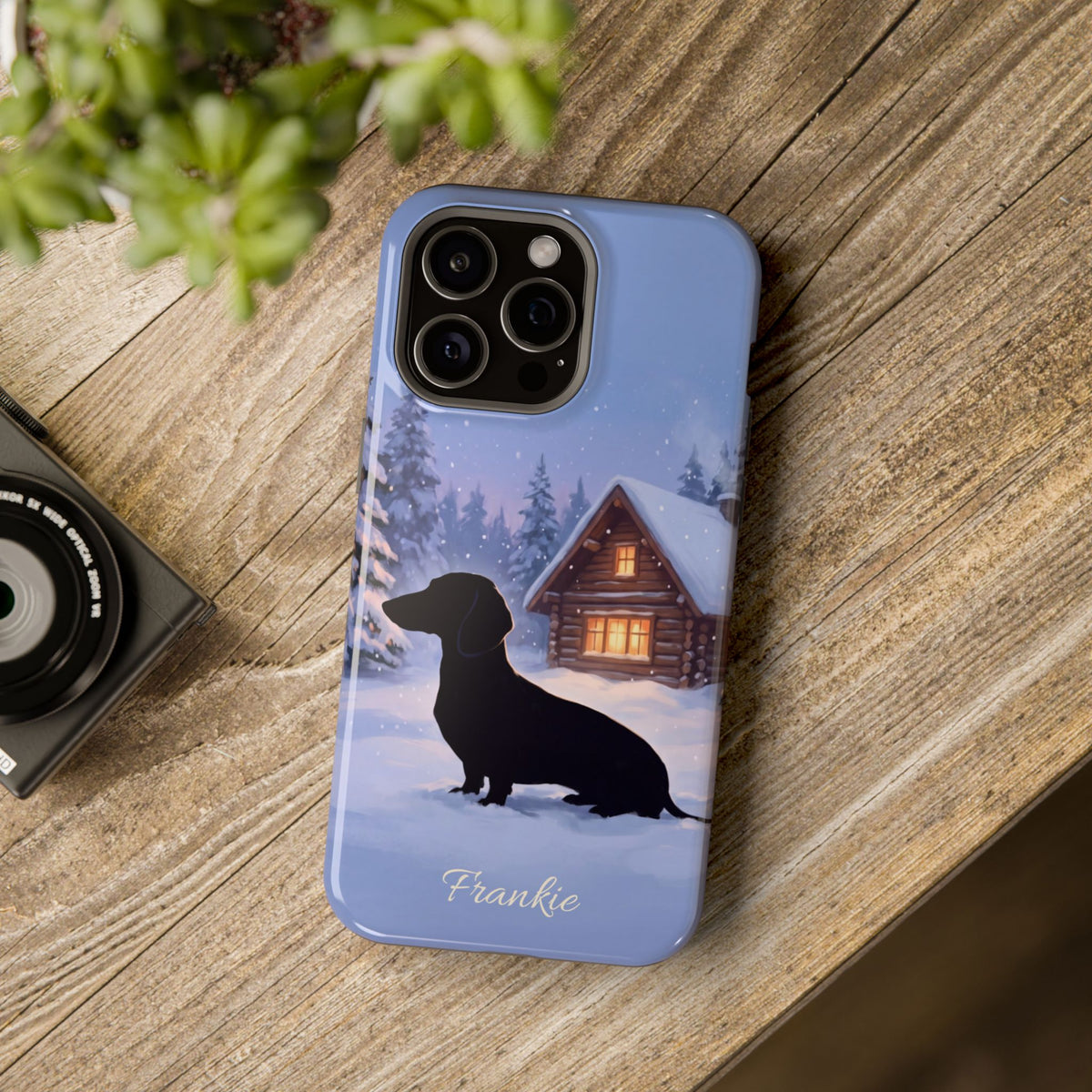 Personalized Dachshund Winter Cabin Phone Case — Wireless Charging Cover