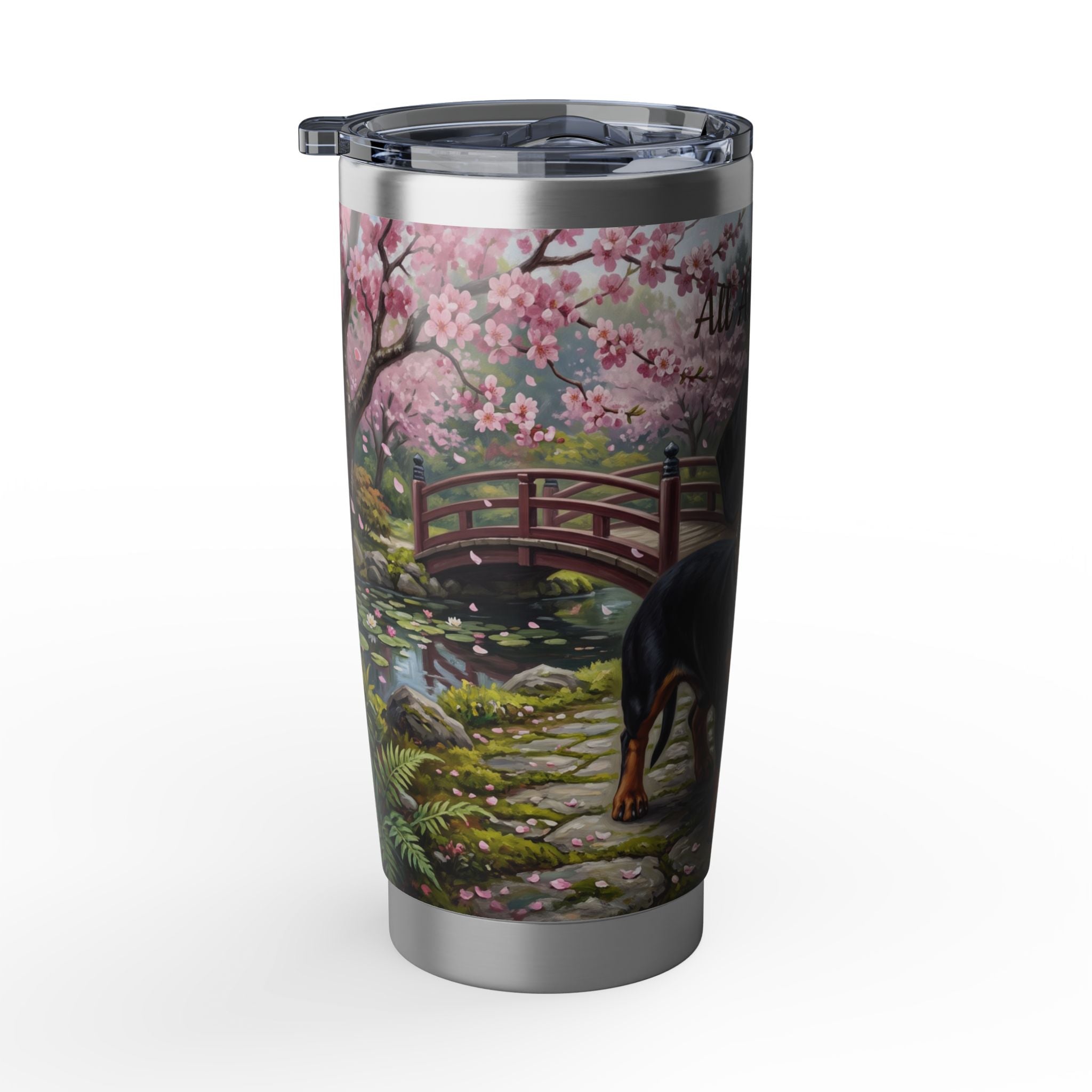 Dachshund Cherry Blossom Stainless Tumbler — 20 oz Personalized Travel Mug with Black & Tan Garden Design