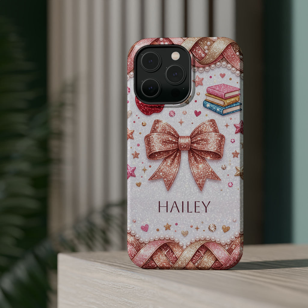 Rose Gold Glitter Bow Personalized Teacher Phone Case — Wireless Charging Cover