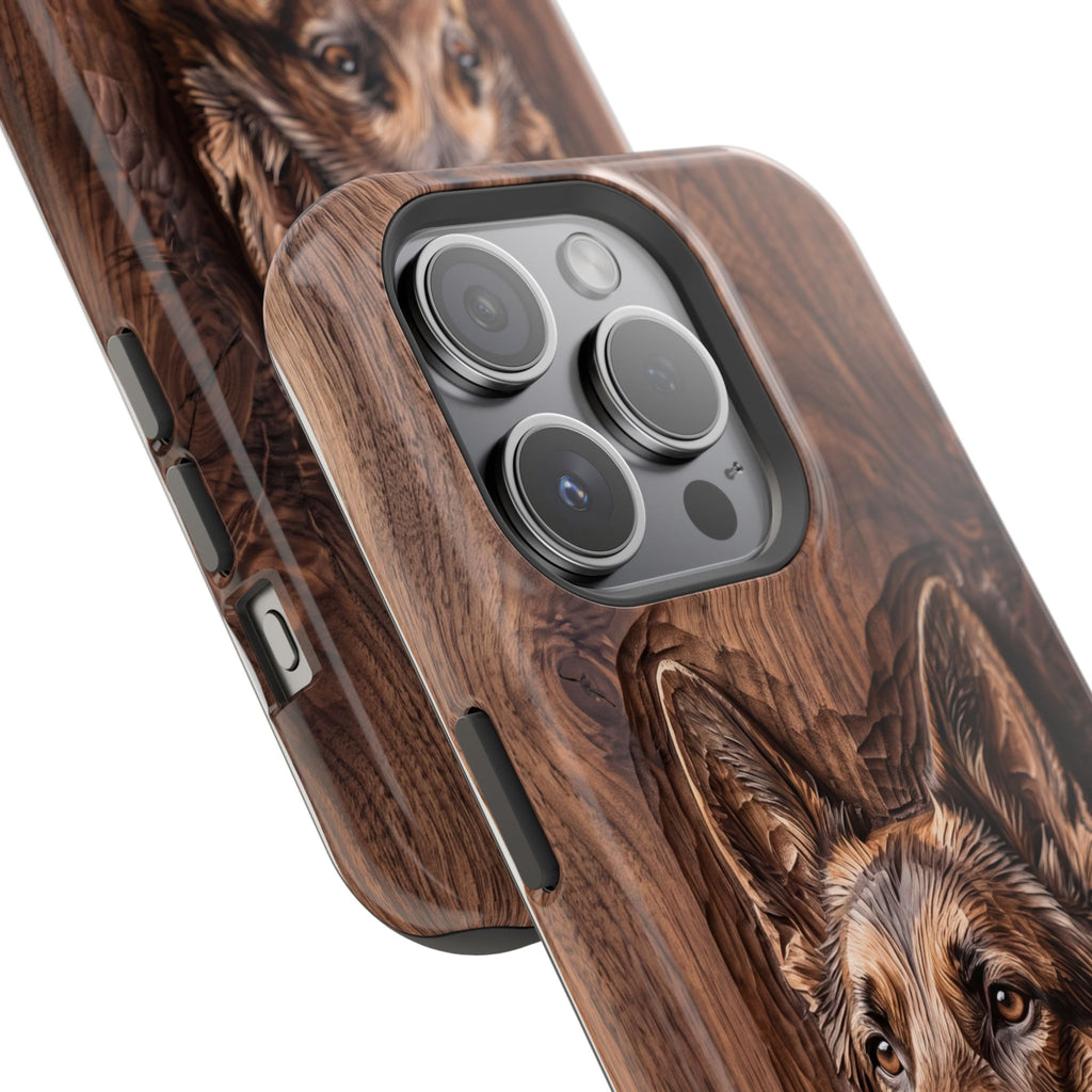 German Shepherd Phone Case | Carved Walnut Art — Tough Magnetic Case with Wireless Charging