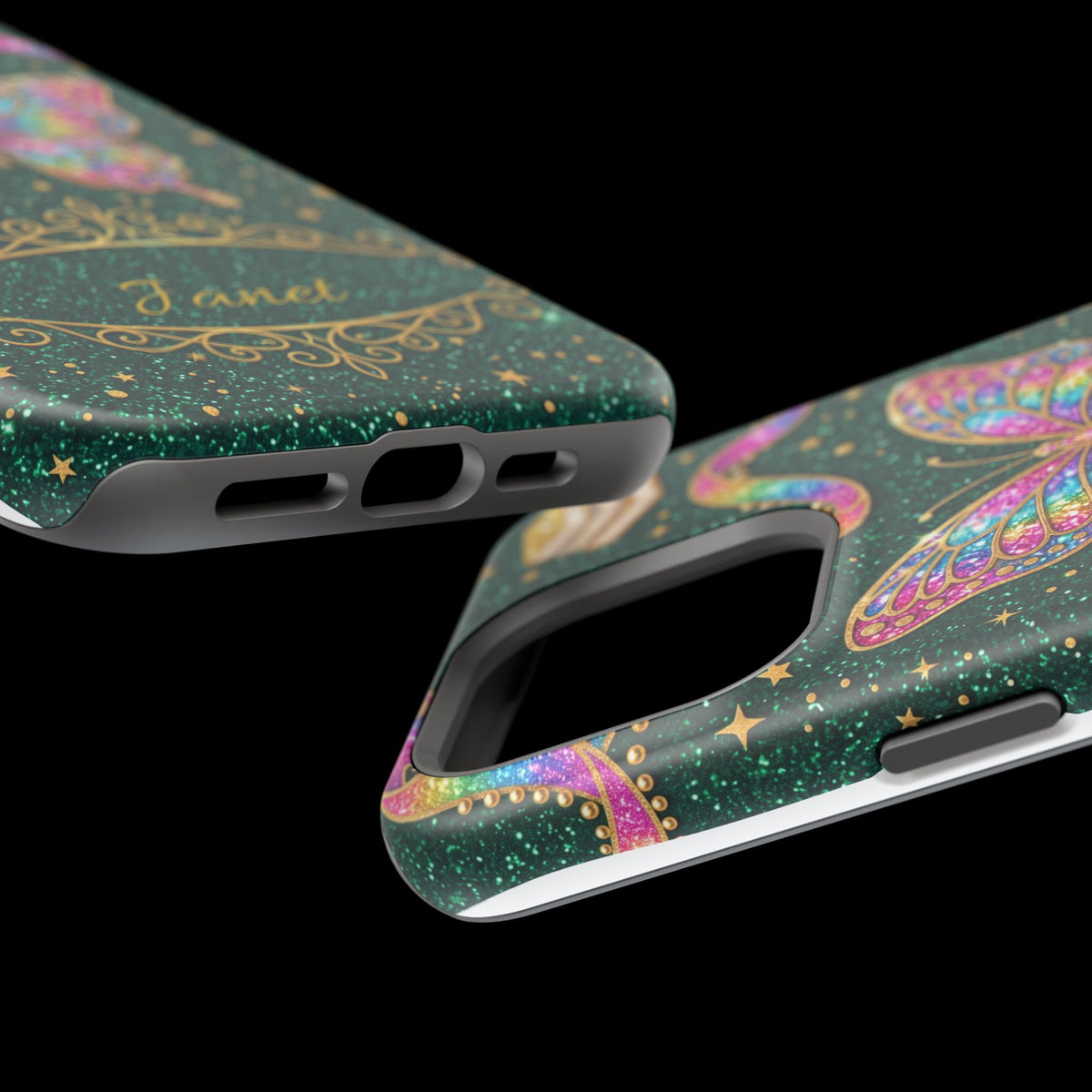 Rainbow Glitter Butterfly Personalized Teacher Phone Case — Wireless Charging Cover