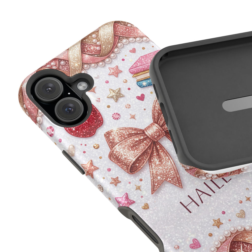 Rose Gold Glitter Bow Personalized Teacher Phone Case — Wireless Charging Cover