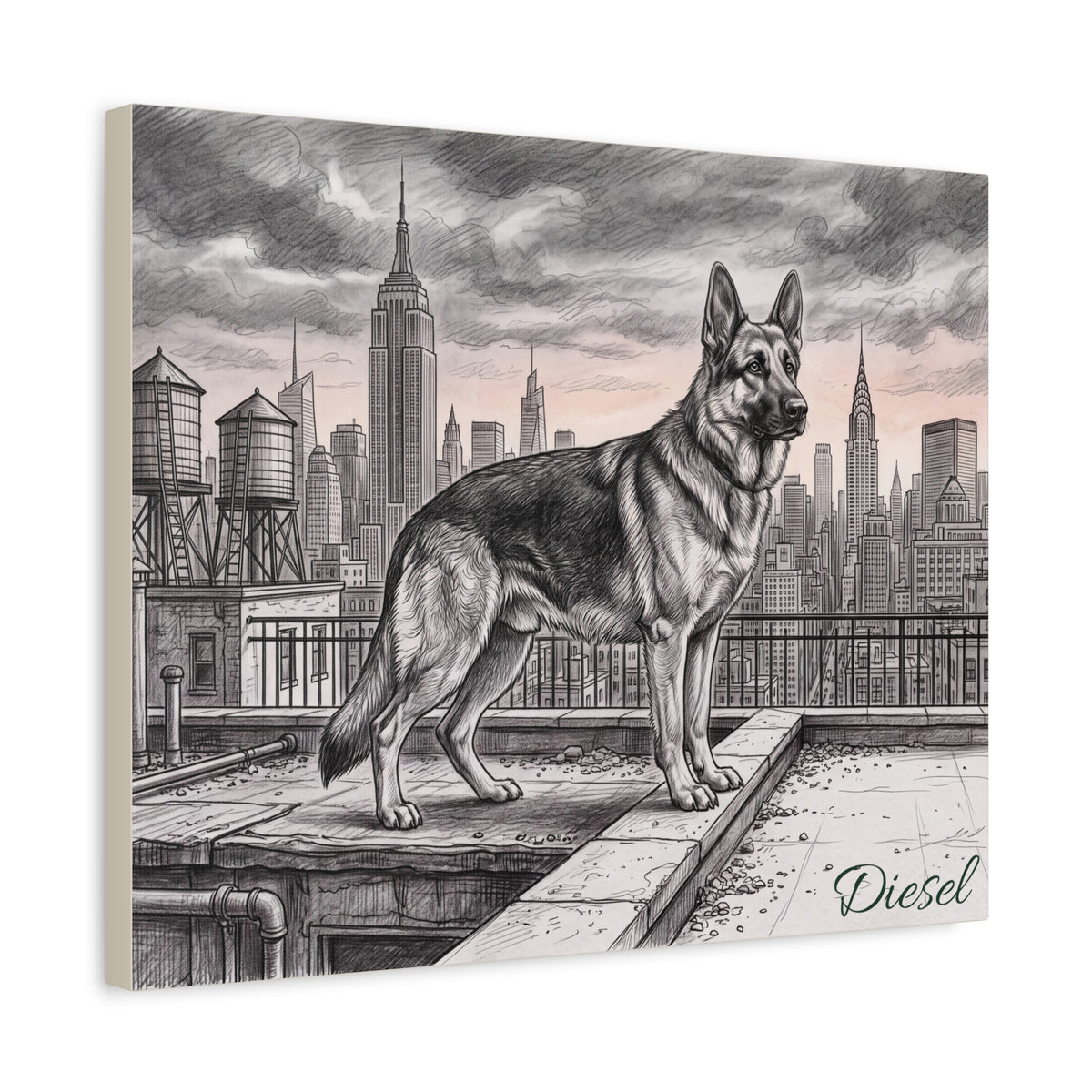 German Shepherd Personalized Canvas | New York City Skyline Sketch Wall Art