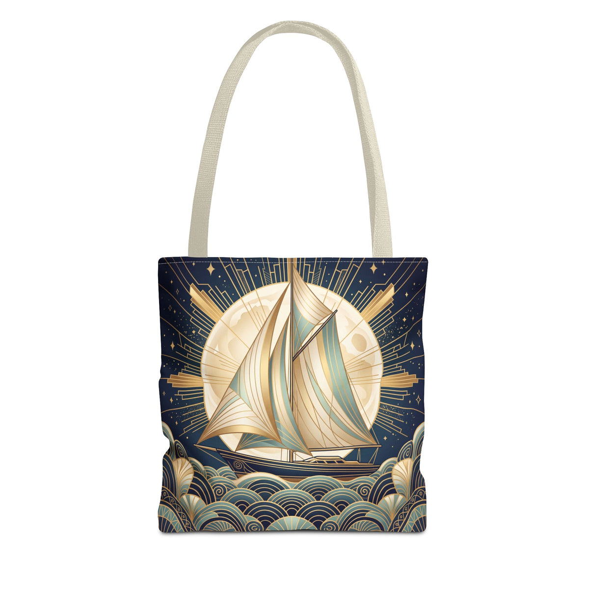 Art Deco Moonlit Sailboat Tote Bag – Starry Night Nautical Beach Bag