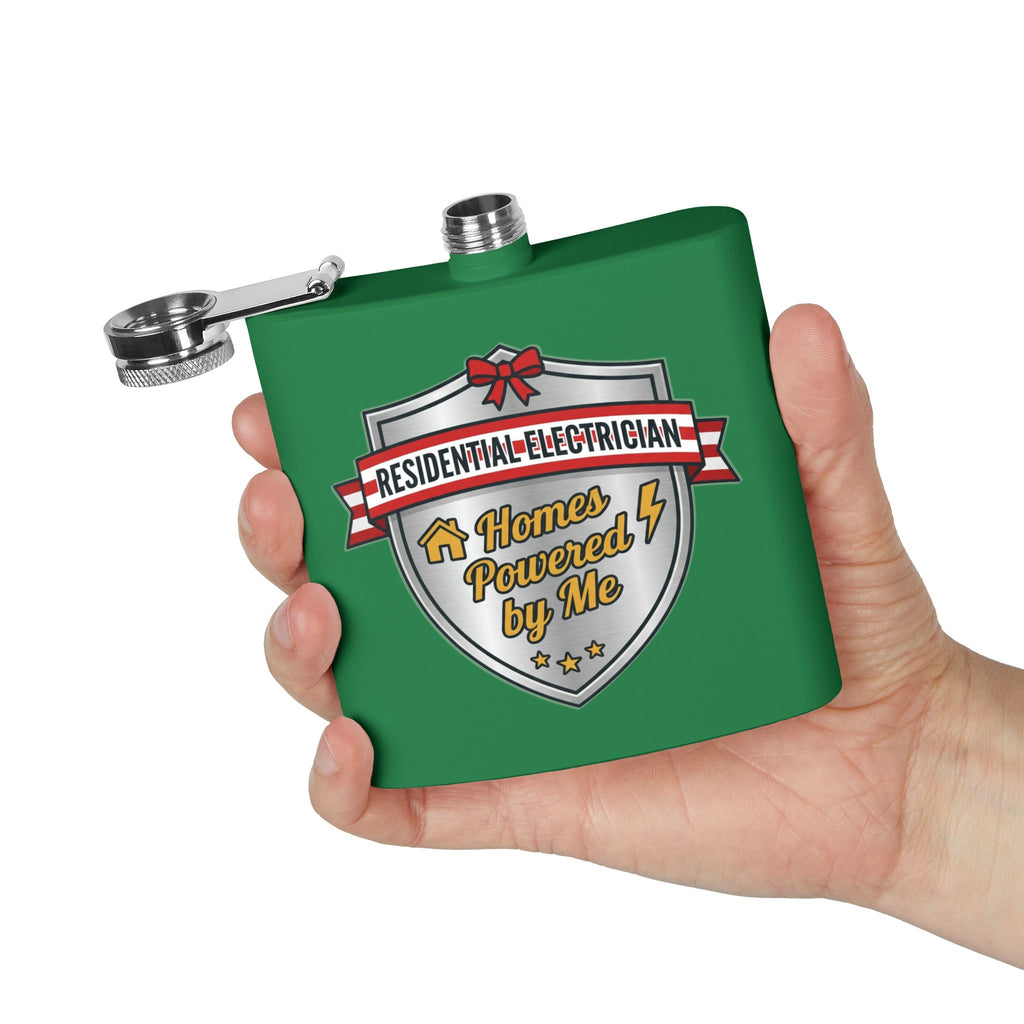 Flask — "Residential Electrician: Homes Powered by Me" (Shield Badge) 6oz Stainless Steel Hip Flask
