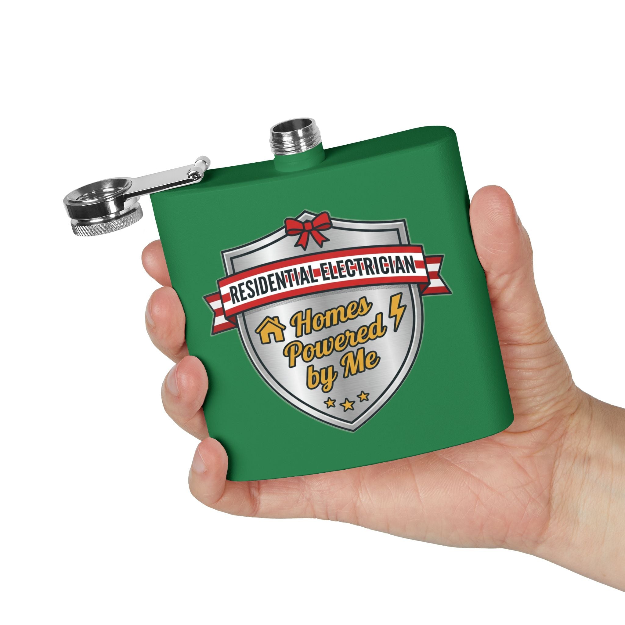 Flask — "Residential Electrician: Homes Powered by Me" (Shield Badge) 6oz Stainless Steel Hip Flask