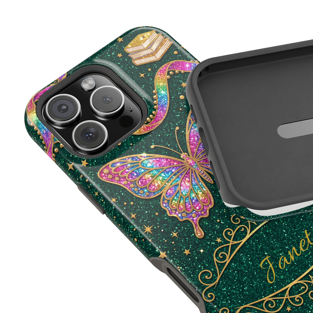 Rainbow Glitter Butterfly Personalized Teacher Phone Case — Wireless Charging Cover