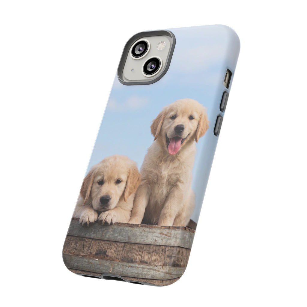 Golden Retriever Puppies on Barrel Phone Case | Cute Duo Under Blue Sky | iPhone & Samsung