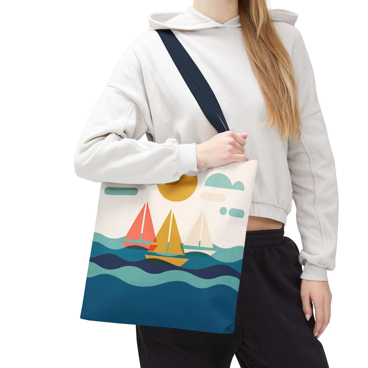 Minimalist Sailboat Tote Bag – Mid-Century Modern Ocean Waves Beach Bag