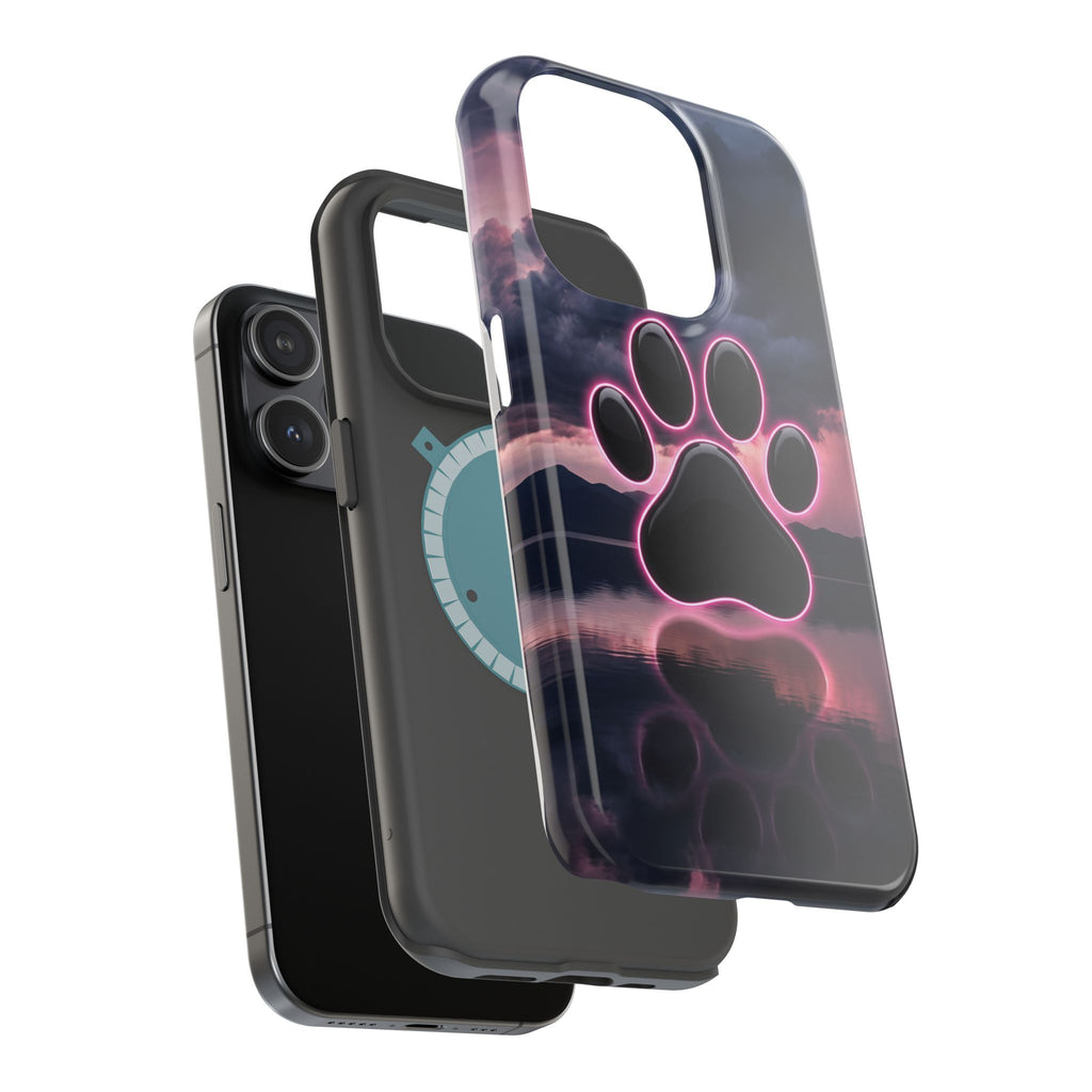 Neon Paw Print Phone Case — Impact-Resistant Wireless Charging Cover