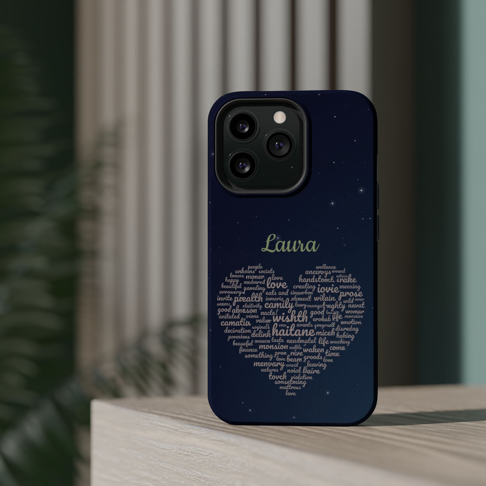 Personalized Teacher Heart Word Art Phone Case — Navy Wireless Charging Cover
