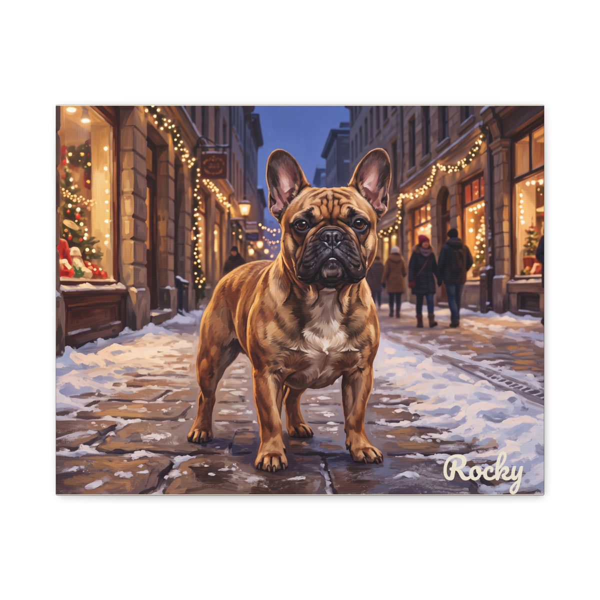 French Bulldog Personalized Canvas | Christmas Street Snowy Village Wall Art