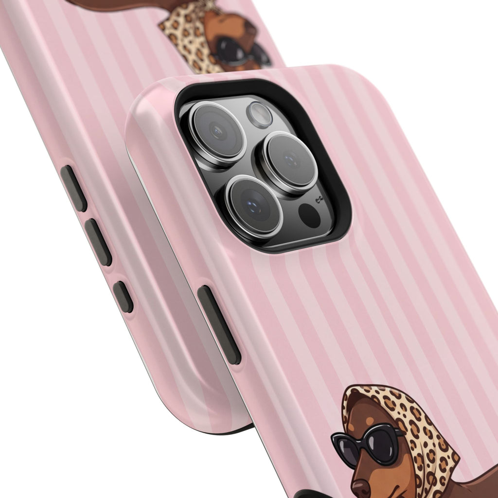 Glam Dachshund Phone Case | Cute Sausage Dog in Leopard Scarf & Sunglasses | Pink Stripe Case for iPhone & Samsung