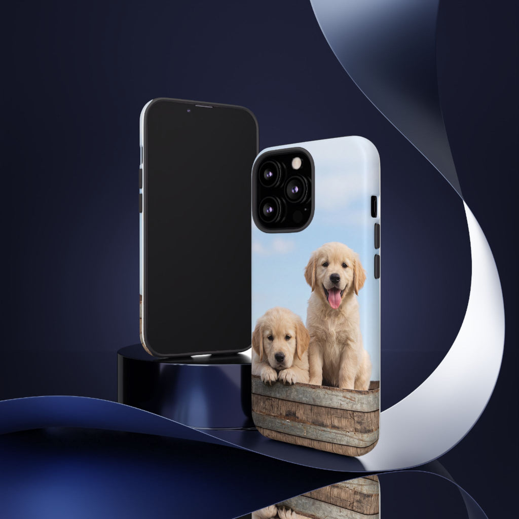 Golden Retriever Puppies on Barrel Phone Case | Cute Duo Under Blue Sky | iPhone & Samsung