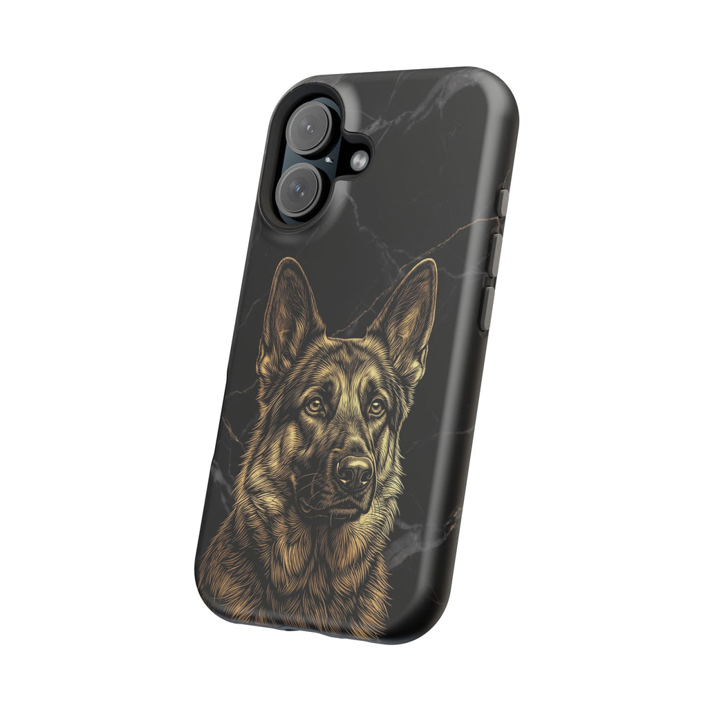 German Shepherd Phone Case | Black Marble Gold Sketch Art — Tough Magnetic Case with Wireless Charging