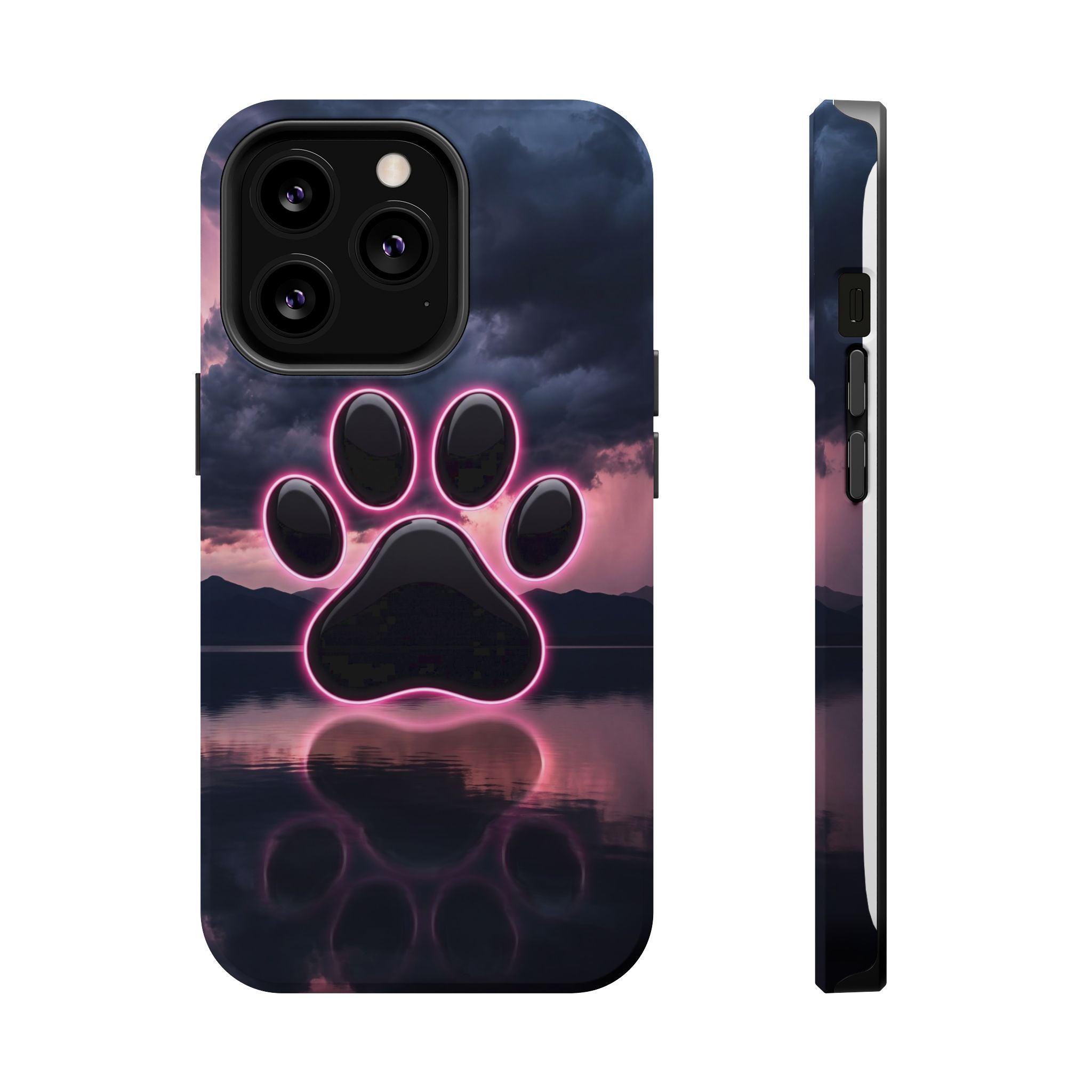 Neon Paw Print Phone Case — Impact-Resistant Wireless Charging Cover