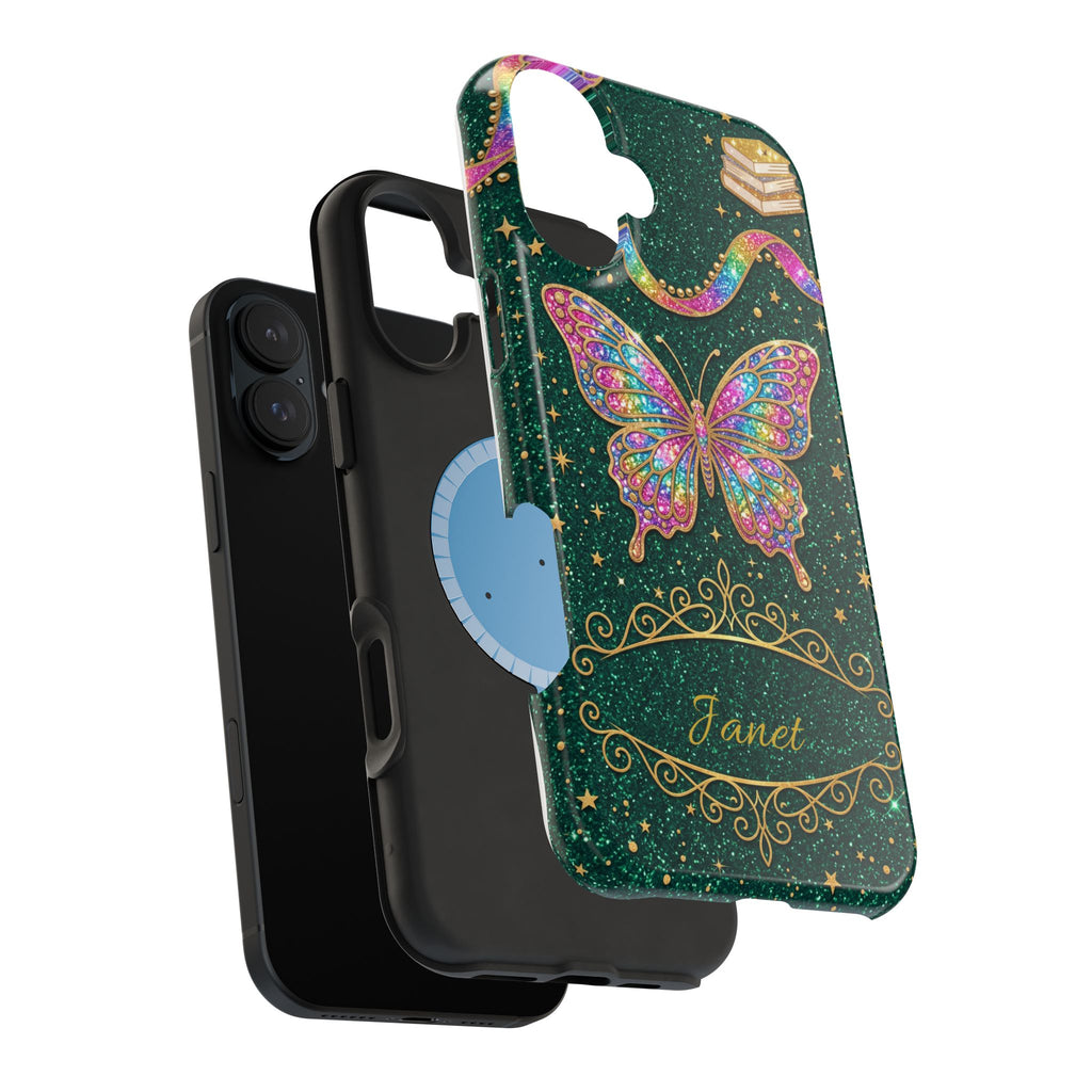 Rainbow Glitter Butterfly Personalized Teacher Phone Case — Wireless Charging Cover