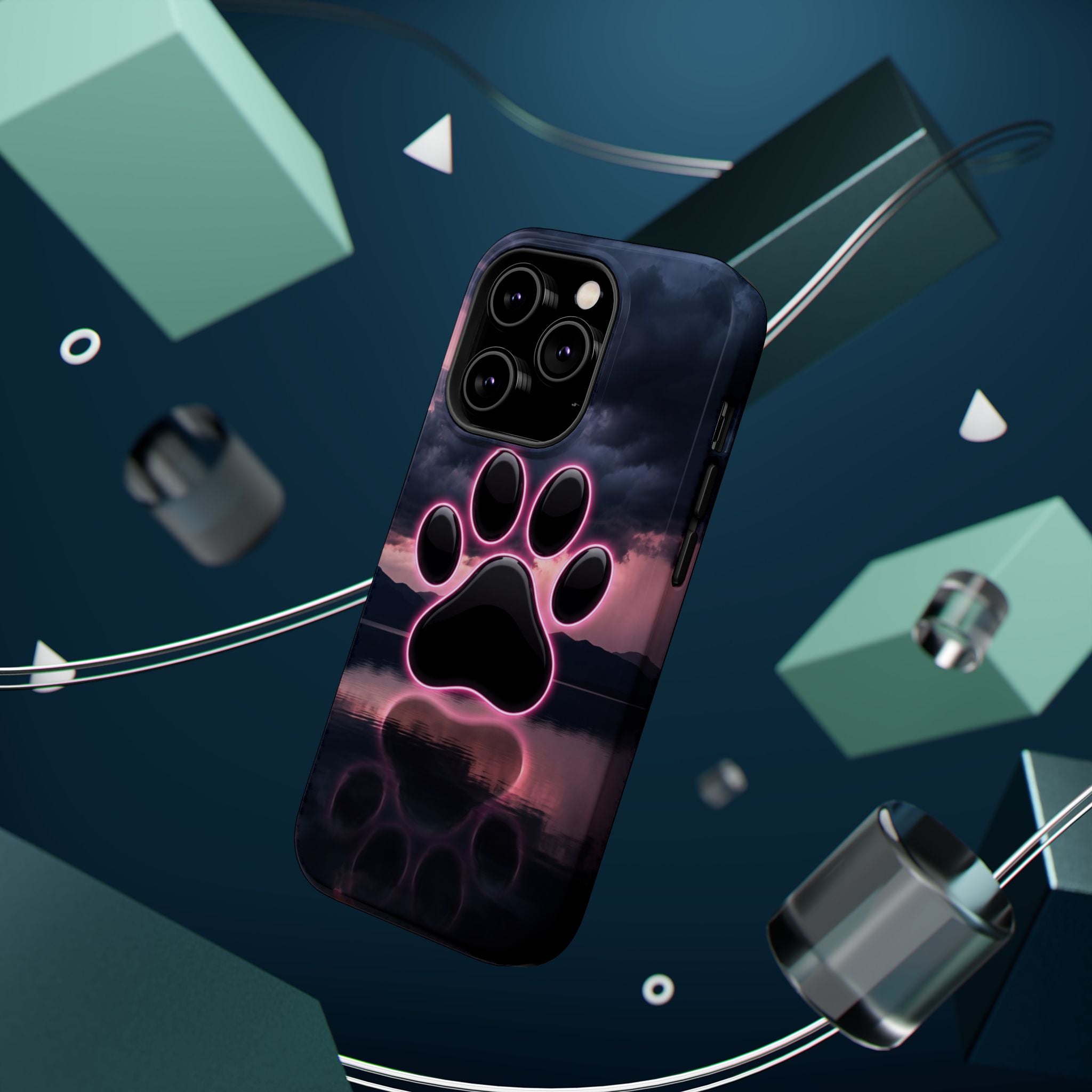 Neon Paw Print Phone Case — Impact-Resistant Wireless Charging Cover